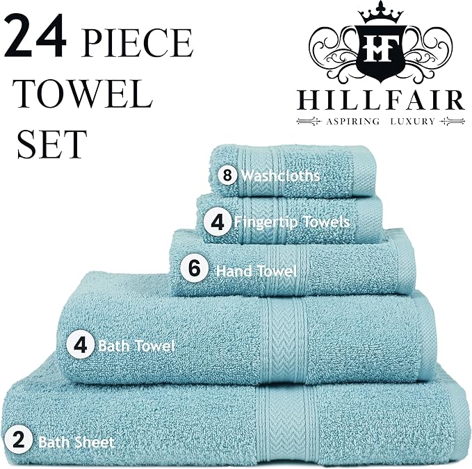 HILLFAIR 24 Piece Bath Towels Set for Bathroom- 100% Cotton 24 PC Bulk Pack Hotel Spa Towel Set- 2 XXL Oversized Big Towels, 4 Bath Towels, 6 Hand Towels, 4 Fingertip Towels, 8 Washcloths: Ocean Blue