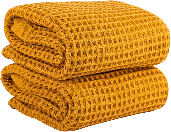PÜSKÜL Premium Waffle Bath Towels Set of 2 - Organic 100% Turkish Cotton Bath Towel - Quick Dry, Absorbent, Light, Thin, 32x63 Large Waffle Towels (Mustard Yellow Bath Towels - Pack of 2)