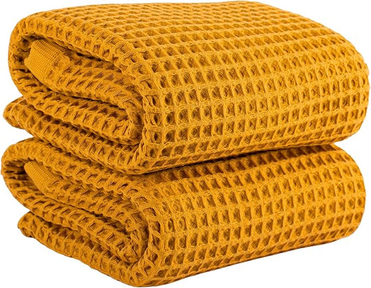 PÜSKÜL Premium Waffle Bath Towels Set of 2 - Organic 100% Turkish Cotton Bath Towel - Quick Dry, Absorbent, Light, Thin, 32x63 Large Waffle Towels (Mustard Yellow Bath Towels - Pack of 2)