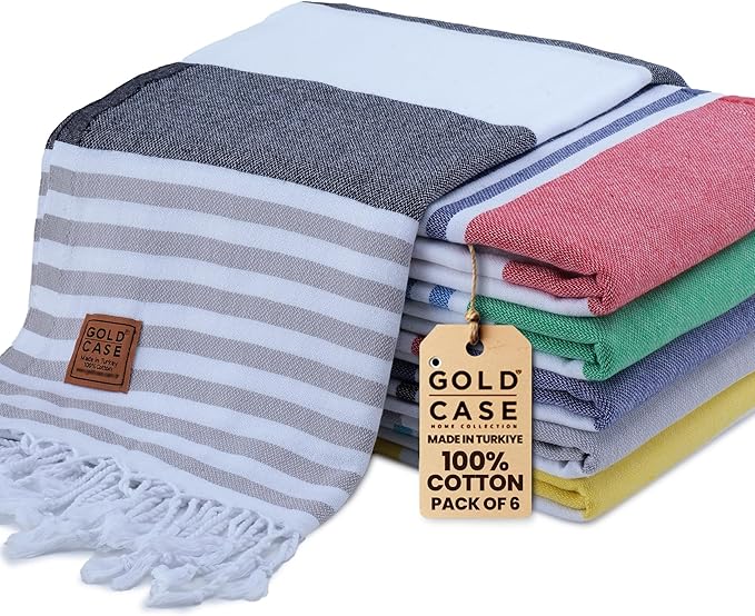 Gold CASE Turkish Beach Towel Set of 6 – 100% Cotton Large Bath Towels 70 x 38'' – LYCIA Oversized, Quick Dry & Sand Free Beach Towel – Lightweight Turkish Towels Set - Multicolor-2