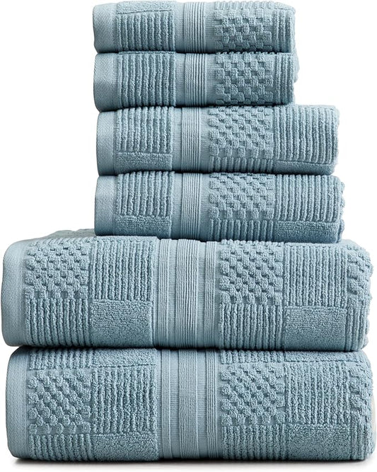 Springtree Home 100% Cotton Bathroom Towel Set | 6 Piece Set - Blue Towels | Geometric Textured Design | Absorbent & Quick-Dry | Oeko-TEX® Standard 100 Cotton | Myla Collection - Arona Blue
