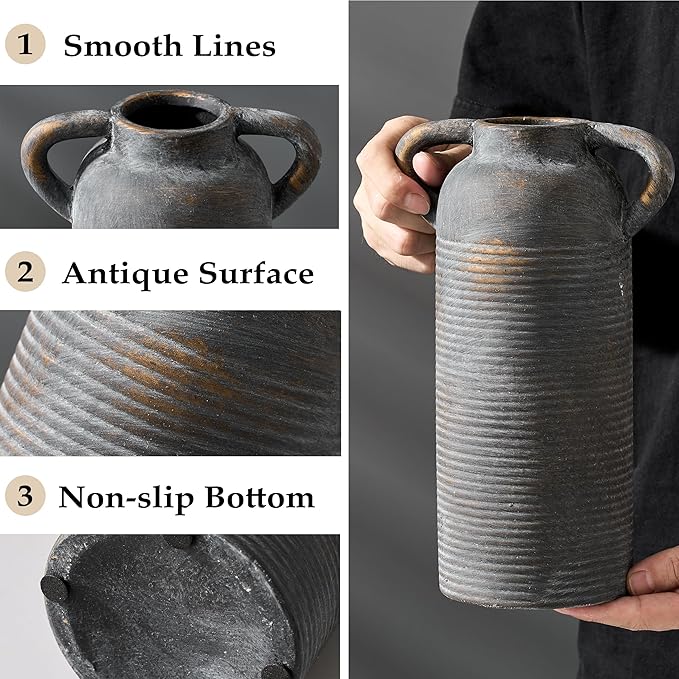10.16" Tall Ceramic Rustic Vase for Home Decor, Terracotta Vase with Handles, Handcrafted Vintage Decorative Flower Vase for Farmhouse, Living Room, Table, Fireplace, Nightstand- Black Bronze