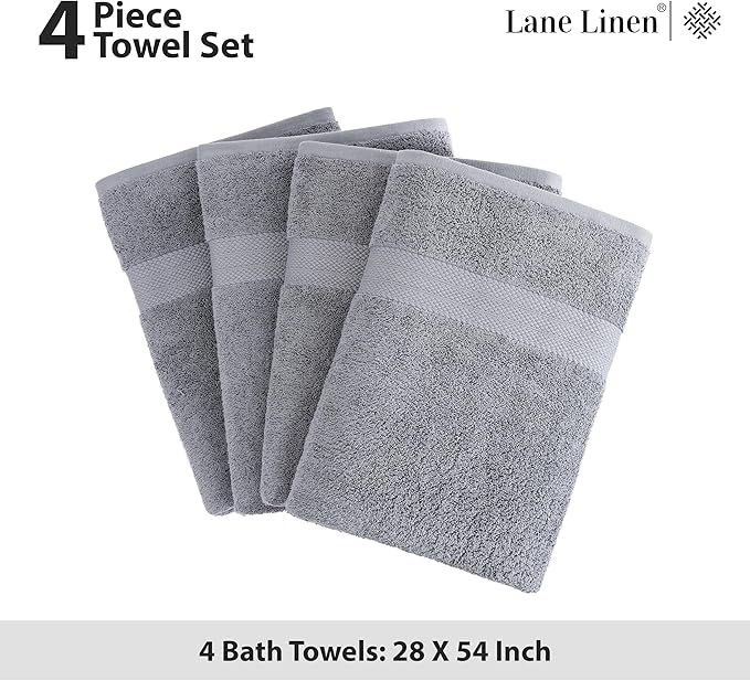 LANE LINEN 100% Cotton Bath Towels Set of 4 (28"x54") - Ring Spun Mercerized Cotton Extra Large Bathroom Towel Sets - Quick Dry, Soft & Absorbent Grey Towels Set - Pre Shrunk, Fade Resistant - Grey