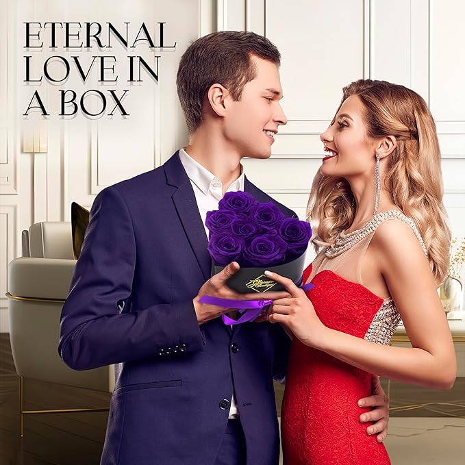 GLAMOUR BOUTIQUE 7 Flower Forever Heart Shape Box - Preserved Roses Gift for Her, Preserved Flowers, Purple