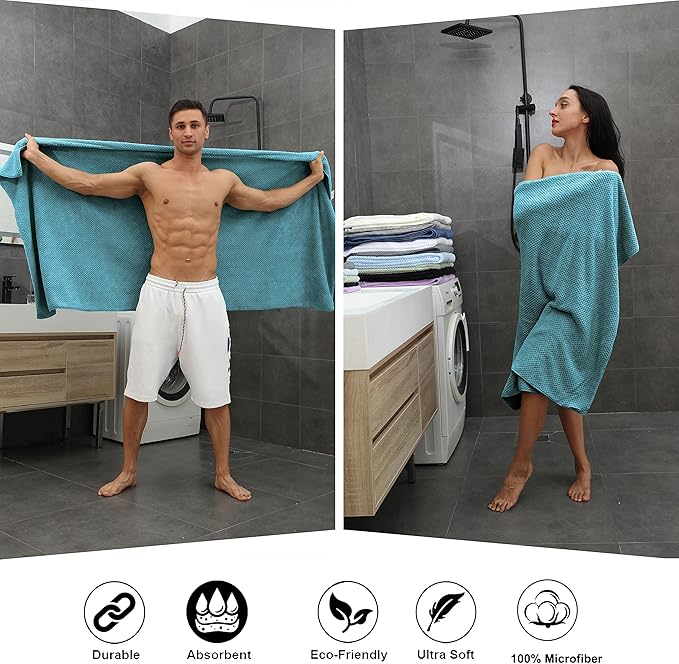 8-Piece Turquoise Bath Towel Set, 2 Extra Large Bath Towel Sheets, 2 Hand Towels and 4 Washcloths - Highly Absorbent Quick Dry Microfiber,Ultra Soft Towel Set for Bathroom, Waffle Weave Design