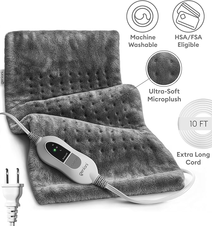 GENIANI Electric Throw - XL Electric Heating Pad for Back Pain & Cramps Relief, Birthday for Women Men Auto Shut Off, Machine Washable, Heat Pad for Neck & Shoulder, 12×24", Tabby Gray