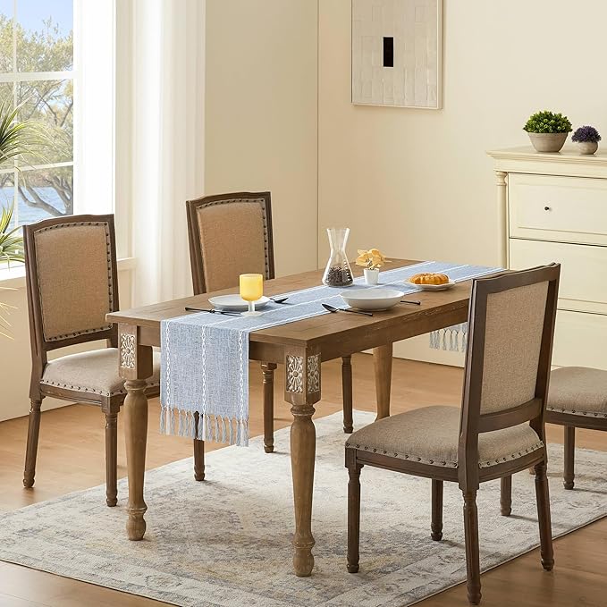 Hemstitched Farmhouse Table Runner, Blue 13x60 Inch, Cotton Linen Table Runners 60 Inches Long, Embroidered Striped Blue Boho Table Runner Rustic Home Decor