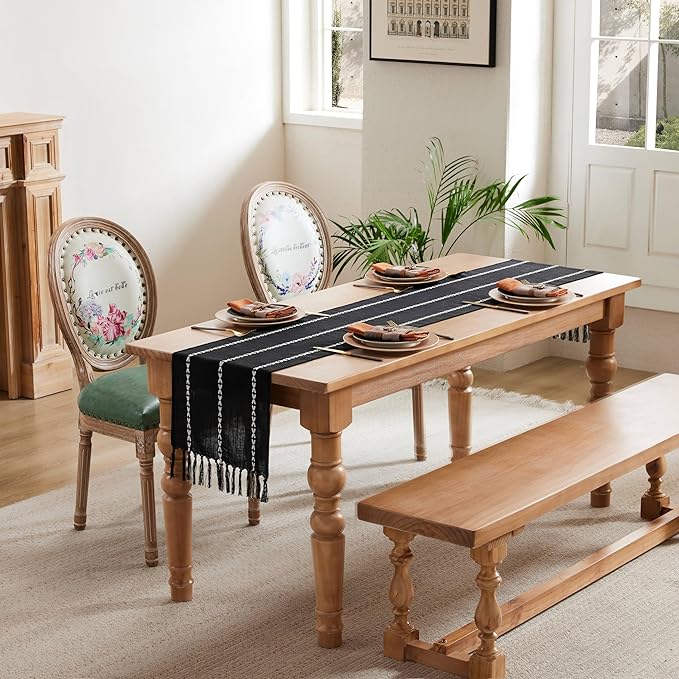 Braided Farmhouse Table Runner,Braided Black 13x60 Inch, Cotton Linen Table Runners 60 Inches Long, Embroidered Striped Black Boho Table Runner Rustic Home Decors
