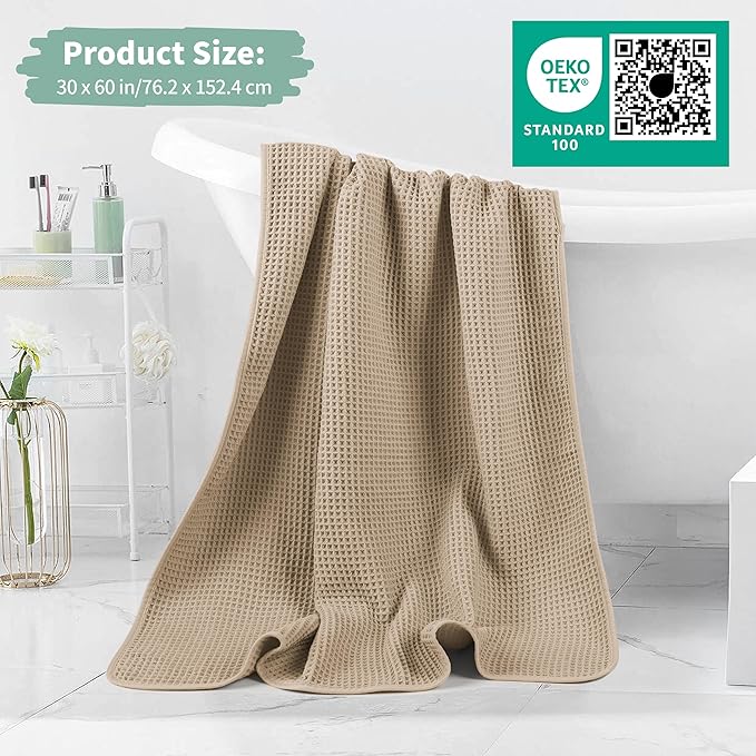 New Microfiber Waffle Bath Towels, 2 Pieces, Oversized, Soft, Absorbent, Fast Drying, Lint Free (Beige+White)