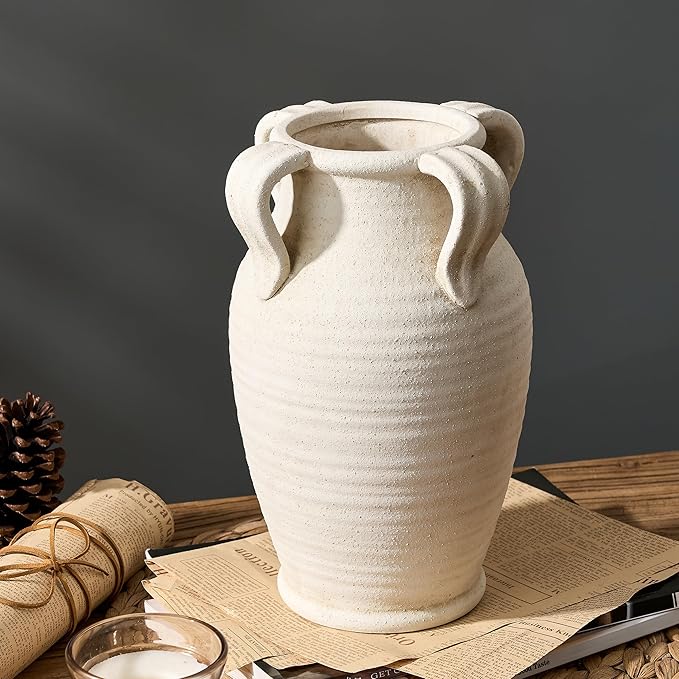 Handmade Ceramic Vase with 4 Handles, 10.83" Tall Farmhouse Rustic Vase, Decorative Pottery Flower Vases for Home Decor, Wedding, Living Room, Table, Shelf Decor, White
