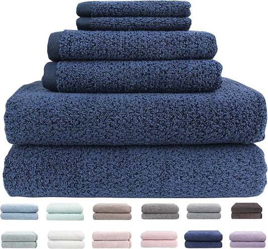 Everplush Diamond Jacquard 6 Pieces Bath Towel Set, Luxury Super Soft Oversized Towels, Highly Absorbent Diamond Jacquard Quick Dry Bath Towel for Bathroom Navy Blue Towel Set