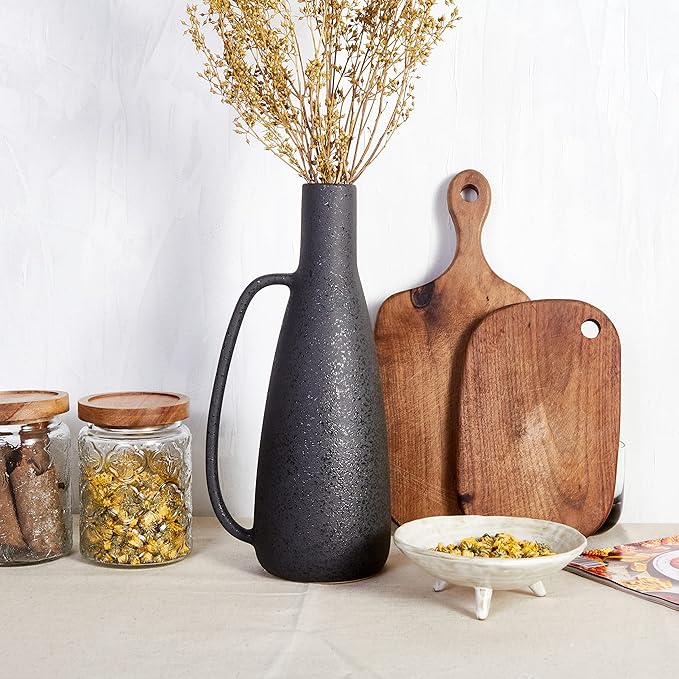 BlossoME Black Vases Home Decor, 13 Inch Tall with Handle, Matte Rustic Pottery Table Vessel, Large Jug Centerpiece, Living Room Modern Decor