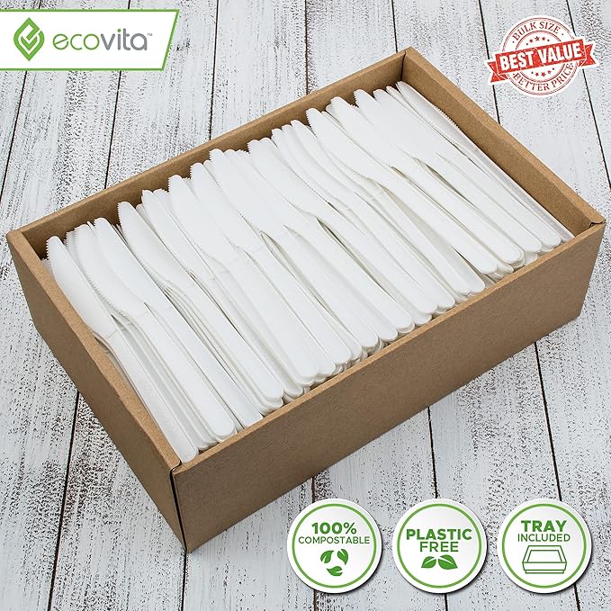 Ecovita 100% Compostable Knives - 500 Large Disposable Utensils (7 in.) Bulk Size Eco Friendly Durable and Heat Resistant Alternative to Plastic Knives with Convenient Tray