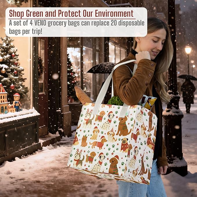 VENO 4 Pack Christmas Reusable Grocery Bags, Heavy-Duty Shopping Bags with Handles, for Shopping Cart with Hard Bottom to Stand Upright, Foldable (Holiday Pups, 4 Pack)