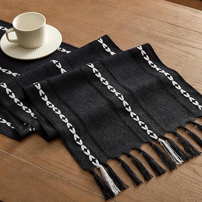 Hemstitched Farmhouse Table Runner, Black 13x36 Inch, Cotton Linen Table Runners 36 Inches Long, Embroidered Striped Orange Boho Table Runner Rustic Home Decor