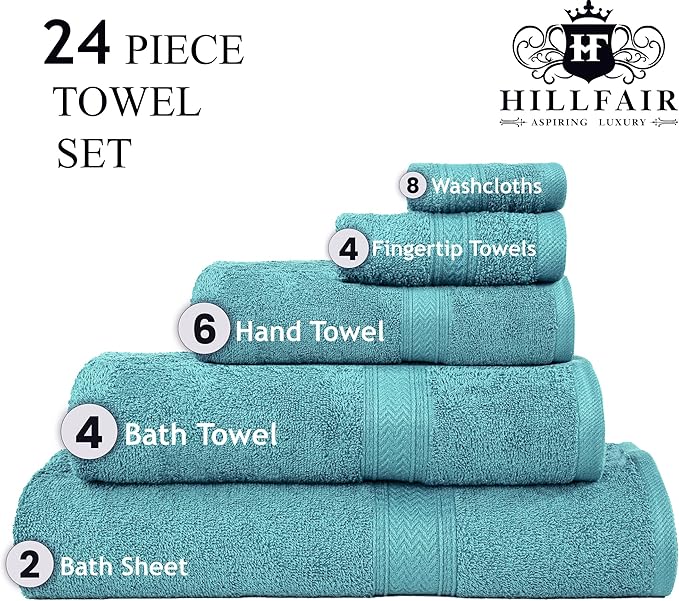 HILLFAIR 24 Piece Bath Towels Set for Bathroom- 100% Cotton 24 PC Bulk Pack Hotel Spa Towel Set- 2 XXL Oversized Big Towels, 4 Bath Towels, 6 Hand Towels, 4 Fingertip Towels, 8 Washcloths: Turquoise