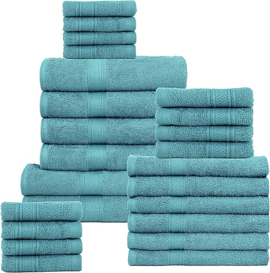 HILLFAIR 24 Piece Bath Towels Set for Bathroom- 100% Cotton 24 PC Bulk Pack Hotel Spa Towel Set- 2 XXL Oversized Big Towels, 4 Bath Towels, 6 Hand Towels, 4 Fingertip Towels, 8 Washcloths: Turquoise