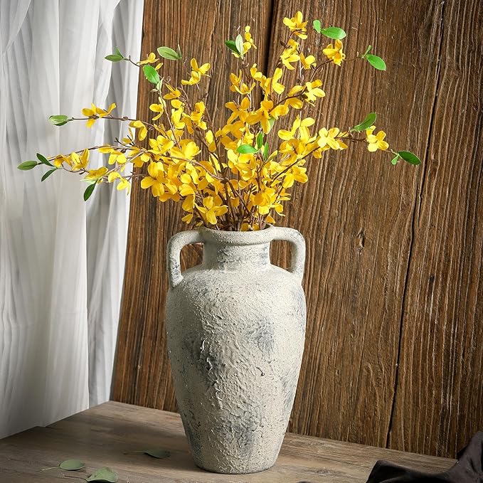 Large Ceramic Rustic Vase, 11.41 inch Tall Terracotta Flower Vase with 2 Handles, Decorative Vases for Home Decor, Dining Table, Living Room, Kitchen, Office