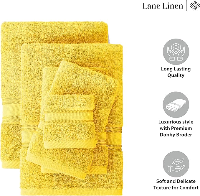 LANE LINEN 18 Pc Bath Towels Set – Ultra Soft 100% Ring-Spun Cotton, 6 Bath, 6 Hand Towel & 6 Wash Cloth, Zero Twist, Quick-Dry, Long-Lasting Comfort & Hotel Quality, Machine Washable – Mimosa