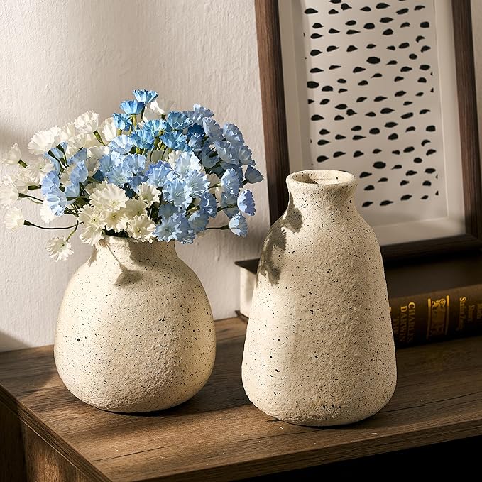 Ceramic Vase Set of 2 for Home Decor, Handcrafted Sesame Dot White Rustic Terracotta Vases, Vintage Farmhouse Decor, Minimalist Decorative Vases for Table Centerpiece Fireplace Nightstand Decoration