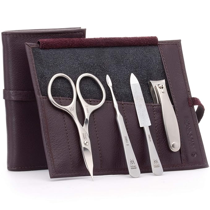 GERMANIKURE 4pc Manicure Set in Dark Purple Leather Case - Made in Solingen Germany, FINOX Stainless Steel Tools – Professional Quality Compact Nail Grooming Kit
