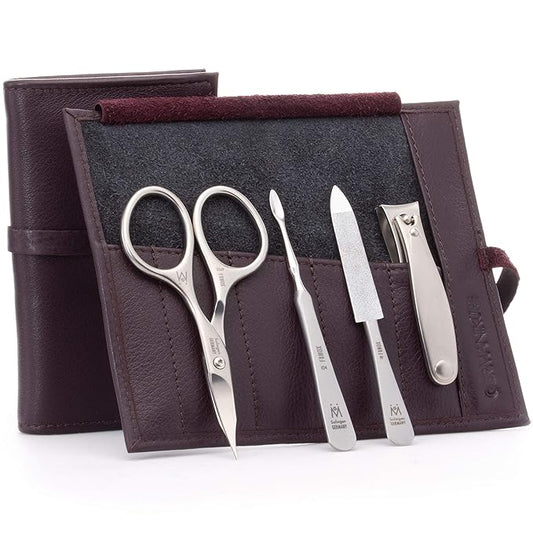 GERMANIKURE 4pc Manicure Set in Dark Purple Leather Case - Made in Solingen Germany, FINOX Stainless Steel Tools – Professional Quality Compact Nail Grooming Kit