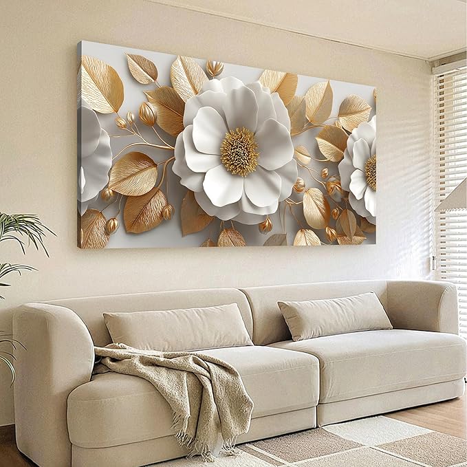 Tarfupth Floral Canvas Wall Art for Living Room Gold and White Flowers Large Botanical Artwork for Bedroom Office Home Decor Canvas Prints 29"x58"