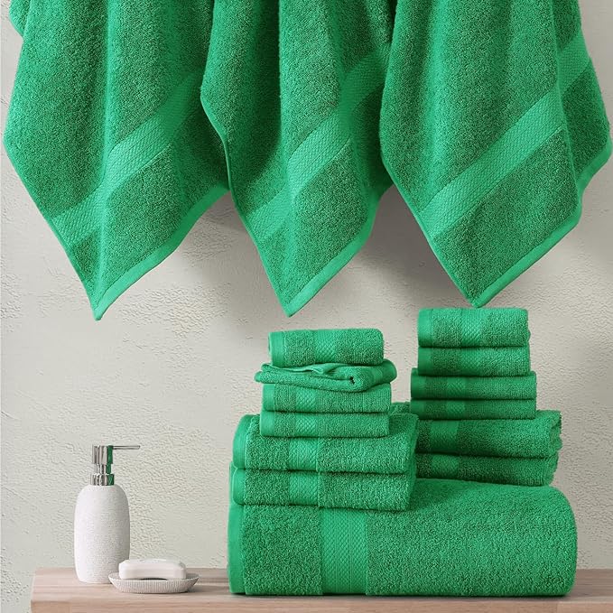 LANE LINEN 100% Mercerized Cotton Bathroom Towels Set - 24 Pc - Ringspun, Quick Dry, Soft & Absorbent - 2 Bath Sheets, 4 Bath Towels, 6 Hand Towels, 8 Washcloths, 4 Fingertip - Family Pack - Emerald