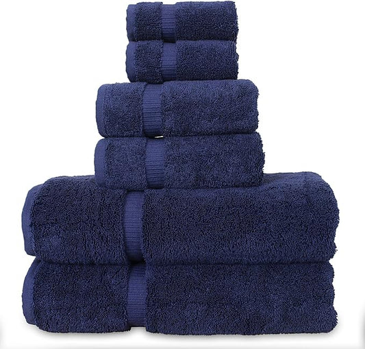 Luxury Hotel & Spa Quality, Quick Dry 100% Turkish Cotton, 700 GSM, Eco Friendly Towel, Bathroom and Kitchen Dobby Border Towels, 2-Bath Towel, 2-Hand Towel, 2-Washcloth (Bundle Set of 6, Navy Blue)