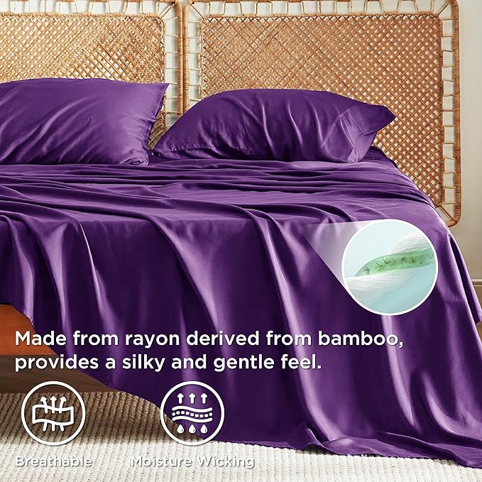 Bedsure Full Size Bed Sheets, Cooling Sheets, Rayon Derived from Bamboo, Breathable & Soft, Deep Pocket Up to 16 Inches, Hotel Luxury Silky Bedding for Hot Sleepers, Plum
