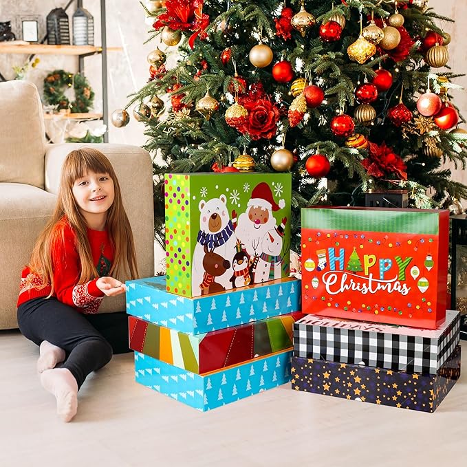 HOIIOH 12 Extra-Large Christmas Gift Boxes with Lids – 4-Inch Deep Robe Boxes with Tissue Paper & Stickers, Decorative Holiday Wrapping Boxes for Clothes, Coats & Sweaters