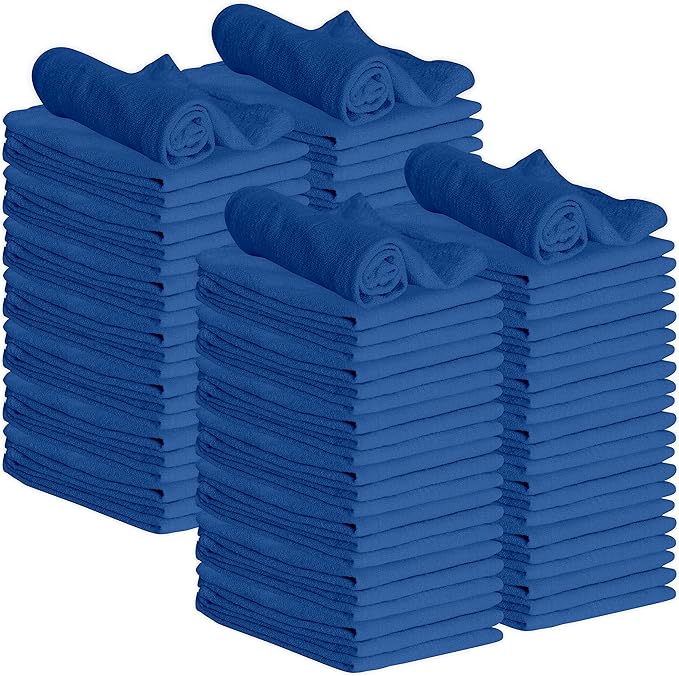 GREEN LIFESTYLE 100 Pack 12x14 Blue Shop Towel 100% Cotton, Super Absorbent and Durable for Car, Reusable