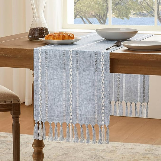 Hemstitched Farmhouse Table Runner, Blue 13x36 Inch, Cotton Linen Table Runners 36 Inches Long, Embroidered Striped Blue Boho Table Runner Rustic Home Decor