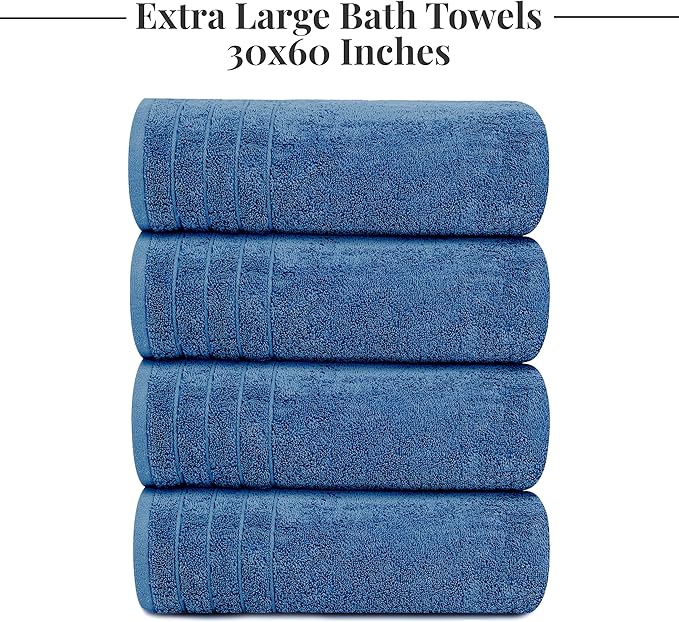 Tens Towels Pack of 4 Extra Large Bath Towels 30 x 60 Inches, 100% Cotton, Larger & Lighter Weight, Quicker to Dry, Super Soft and Absorbent, Perfect for Bathroom, Blue