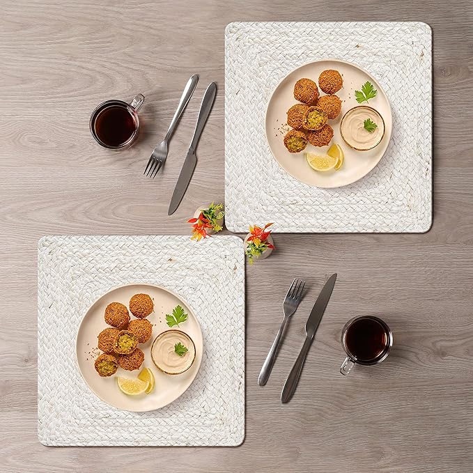 Hausattire Jute Braided Placemats 14x14 Inches Set of 4 Reversible Handwoven Boho Vintage Placemats for Kitchen Dining Tables|BBQ's Thanksgiving Decor Weddings Indoor & Outdoor Parties|Off-White