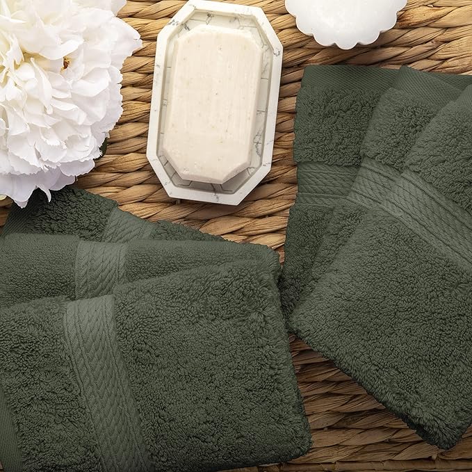 BLUENILEMILLS BNM Egyptian Cotton 6-Piece Towel Set, Includes 6 Face Towels, Attached Loop for Easy Hanging and Storage, Hotel Quality, Perfect for Bathroom, Gym, Shower Space, or Spa, Forest Green