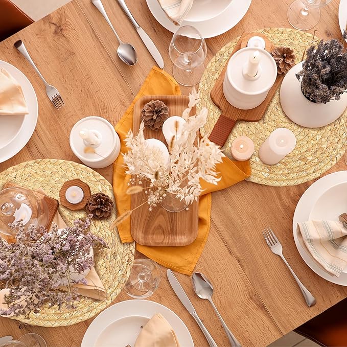 Set of 6 Round Woven Placemats 12-Inch Natural Water Hyacinth Plant Placemats Hand-Woven Boho Rattan Placemat Wicker Weave Table Mats for Home Dinner Plates Holiday Supplies