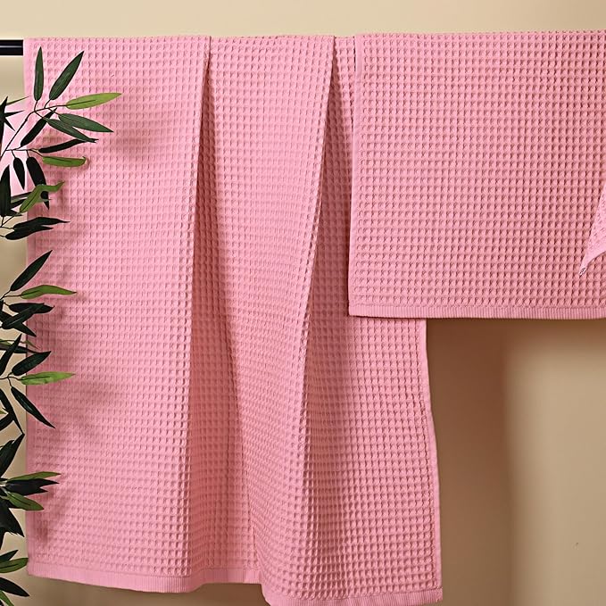 PÜSKÜL - Premium Waffle Towel Set 4 Pieces Pink - Organic 100% Turkish Cotton Quick-Dry Towels for Bathroom Made in Turkiye (Pink Powder, Towel Set - 2 Hand & 2 Bath Towels)