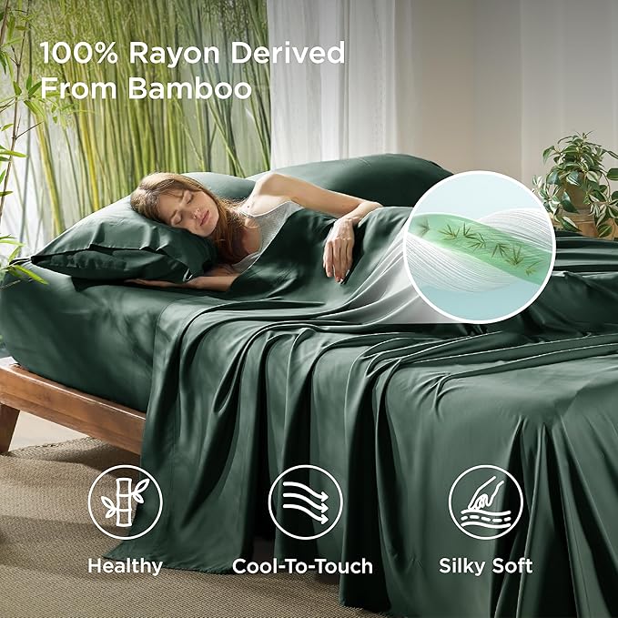 Bedsure Full Size Bed Sheets, Cooling Sheets, Rayon Derived from Bamboo, Breathable & Soft, Deep Pocket Up to 16 Inches, Hotel Luxury Silky Bedding for Hot Sleepers, Forest Green