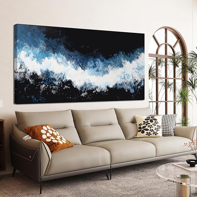 YISXINOAG Modern Abstract Wall Decor Canvas Wall Art Large Abstract Wall Art for Living Room Modern Home Decor Large Canvas Art Blue and White Wave Prints Home Artwork Ready to Hang Size 29"X58"