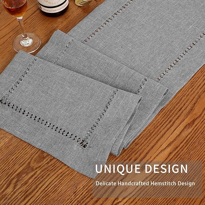 Tosewever Decorative Hemstitch Linen Table Runner Farmhouse Style Tabletop Collection Handcrafted Table Runners for Everyday Dining Wedding Party Holiday Home Decor (14 x 72 Inches, Grey)