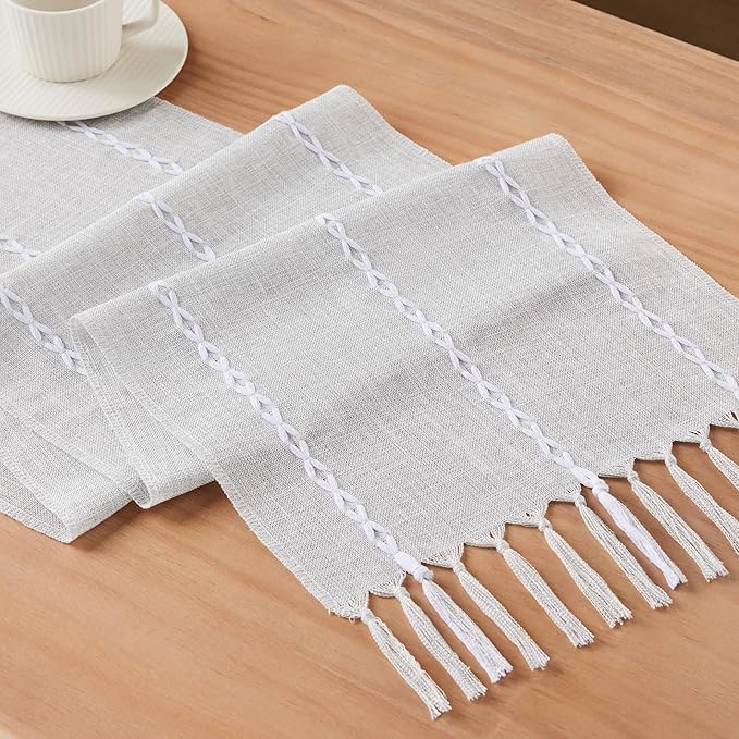 Braided Farmhouse Table Runner, Braided Light Grey 13x36 Inch, Cotton Linen Table Runners 36 Inches Long, Embroidered Striped Light Grey Boho Table Runner Rustic Home Decor