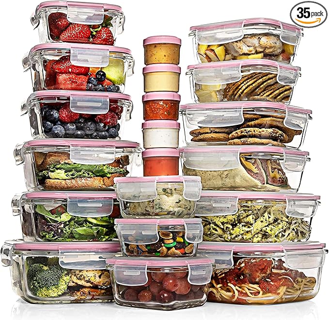 Razab 35 Pc Set Glass Food Storage Containers with Lids - Meal Prep Airtight Bento Boxes BPA-Free 100% Leak Proof (15 lids,15 glass & 5 Plastic Sauce/Dip Containers)