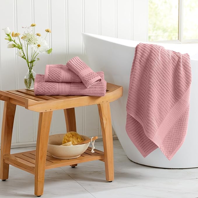 Springtree Home 100% Cotton Bath Towel Set of 4 | Super Soft & Absorbent with Quick-Dry Fibers | 4 Bath Towels | Textured and Durable Cotton | Krista Collection - Bridal Rose