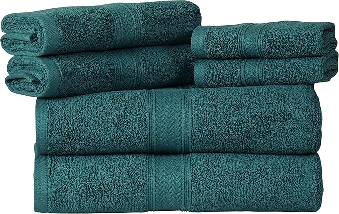 HILLFAIR Premium 600 GSM 6 Piece Set - 2 Bath Towels, 2 Hand Towels & 2 Washcloths - Teal Cotton, Machine Washable, Hotel Quality, Super Soft & Highly Absorbent