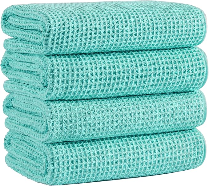 Microfiber Waffle Bath Towels, 4 Pieces, Soft, Absorbent, Fast Drying, Lint Free (Turquoise)