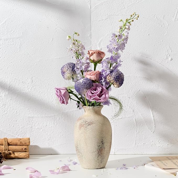 Ceramic Rustic Flower Vase, 8.27 Inch Vintage Pottery Home Decor, Antique Farmhouse Terracotta Vase for Living Room, Table, Shelf, Mantel Decoration, Farmhouse - Natural Brown