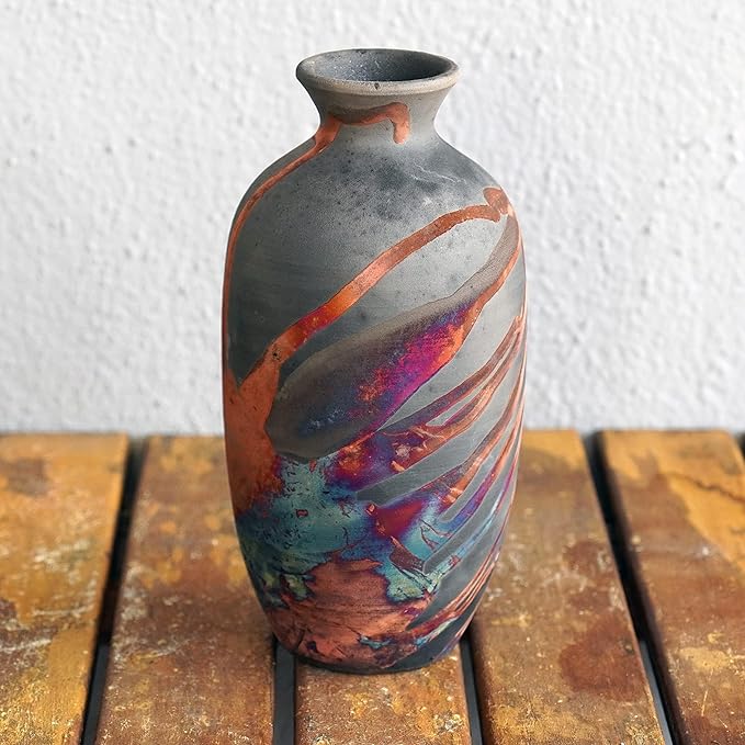 RAAQUU Koban Vase 7" - Handmade Raku Ceramic with Water Tube - Carbon Copper Matte Finish - Modern Boho Home Decor for Living Room, Bedroom, Office - Housewarming Gift - Artisan Pottery