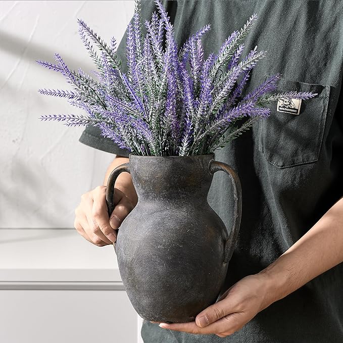 Antique Ceramic Rustic Vase with 2 Handles, Farmhouse Round Flower Vase, Vintage Terracotta Vases for Home Decor, Wedding, Living Room, Table, Shelf Decor - 8.6 Inch Tall, Black Bronze