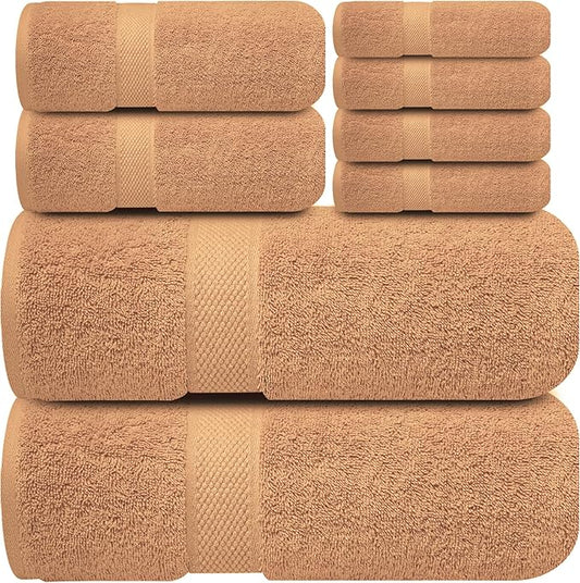 Infinitee Xclusives Luxury 100% Cotton Towel Set – 8 Piece Bathroom Towel Set (2 Bath Towels, 2 Hand Towels, 4 Washcloths) – Soft & Absorbent Towels for Bathroom (Cosmic Sand)